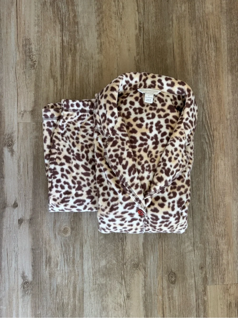 Charter Club Cheetah Print Fleece Pajama Set Large Long Sleeve Button Front